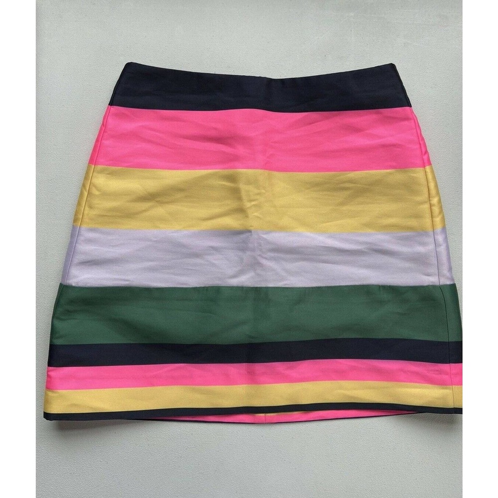 J Crew Mini Skirt 2P Navy Blue Pink Yellow Green Striped 100% Polyester Zip Back